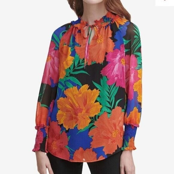 Calvin Klein Multicolored Floral Long Sleeve Tie Neck Ruffled Blouse Multiple Sz - Picture 1 of 6